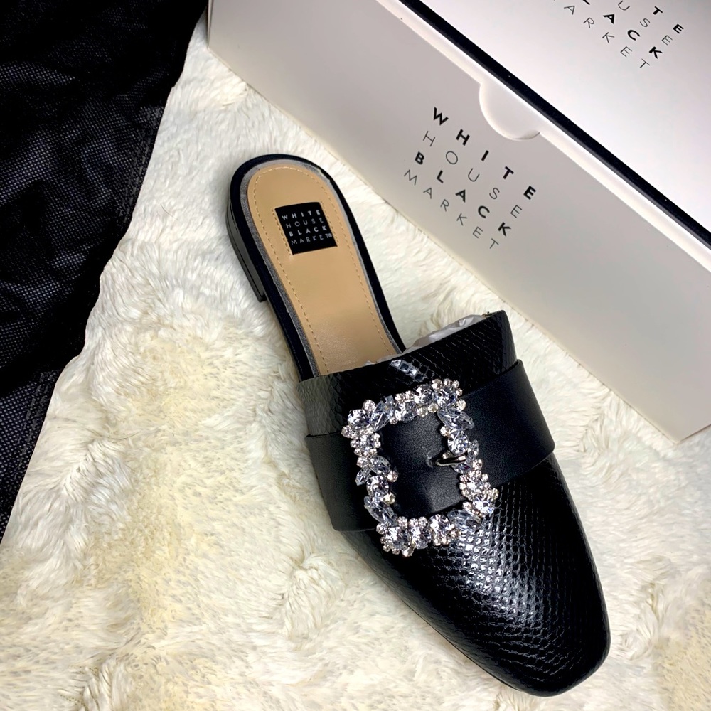 WHBM | Black Mules with Crystal Buckle Size 8